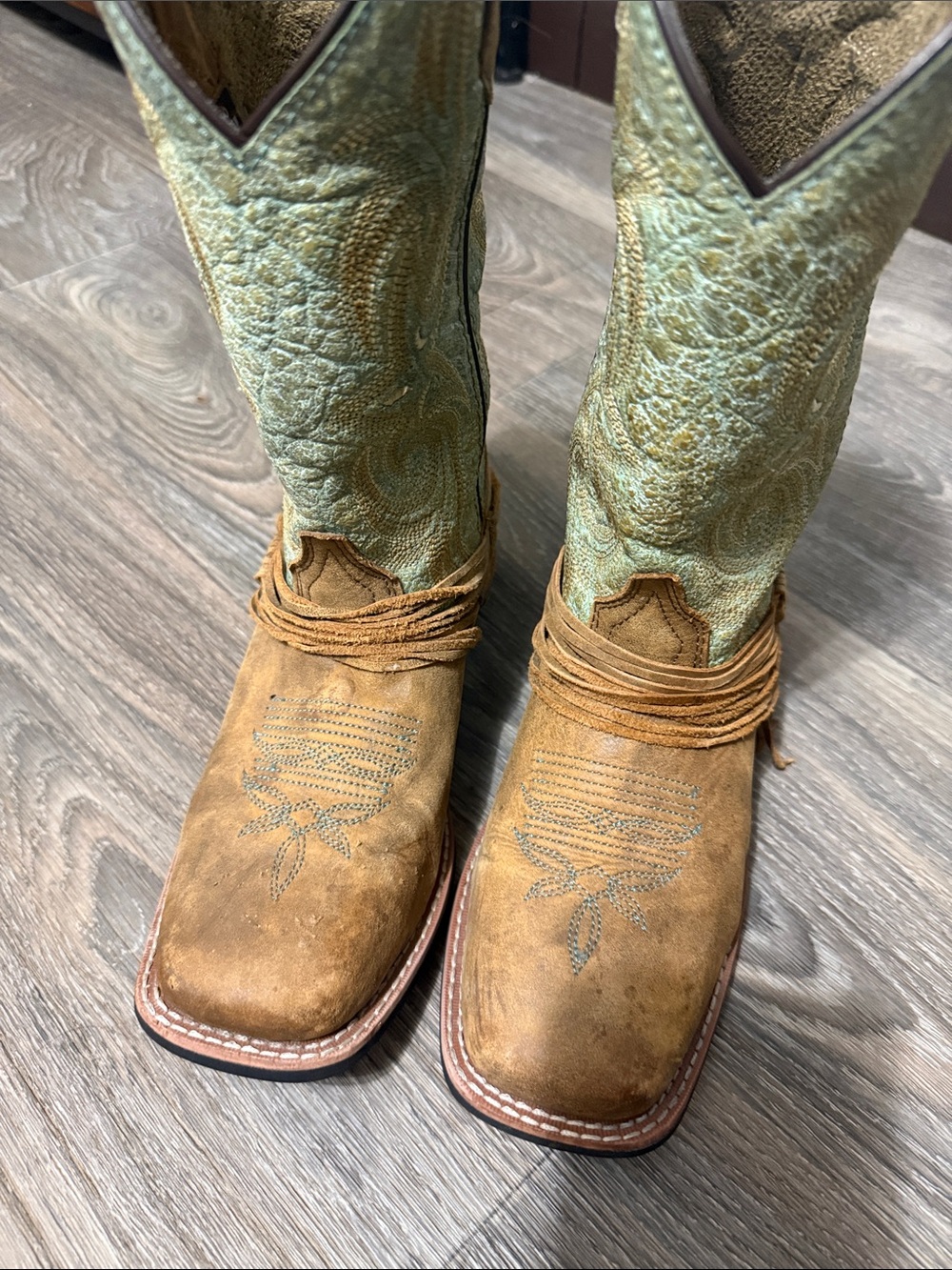 Laredo Brown and Mint Green Suede Western Ankle Boots